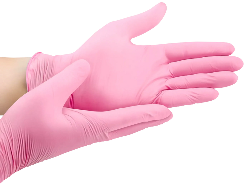 Luvas de Nitrilo Descartáveis Rosa 3.5g, sem pó, flexíveis e resistentes, ideais para estética. Conjunto de 100 unidades.