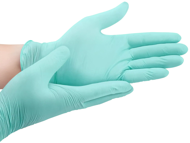 Luvas de Nitrilo Descartáveis Verde Turquesa, flexíveis e resistentes, para proteção e conforto.