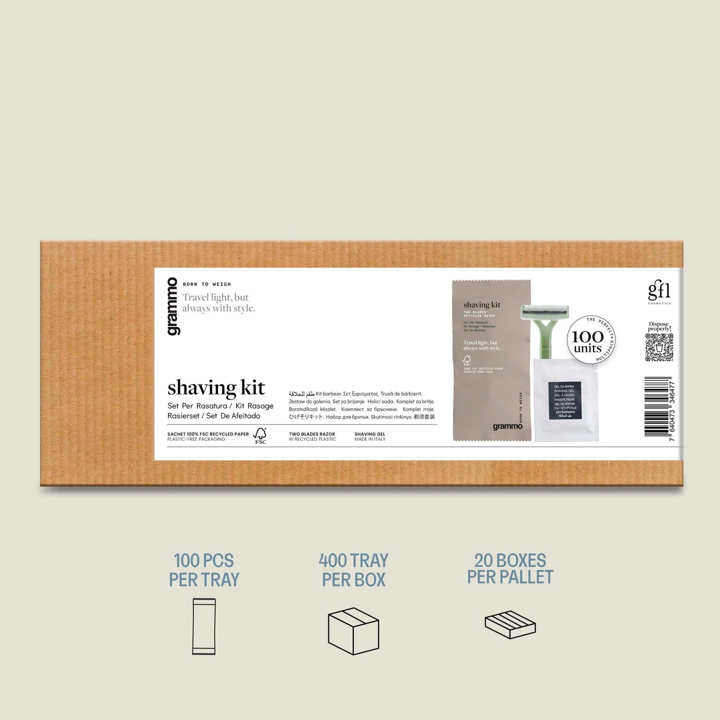 Kit de Barbear Descartável - embalagem do Kit de Barbear Grammo com 100 unidades em apresentação prática.