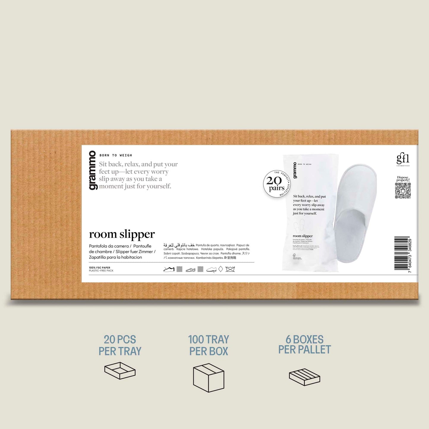 Chinelos de Quarto Fechados em embalagem, 20 pares por bandeja, GRAMMO by GFL, opção semi-descartável e económica.
