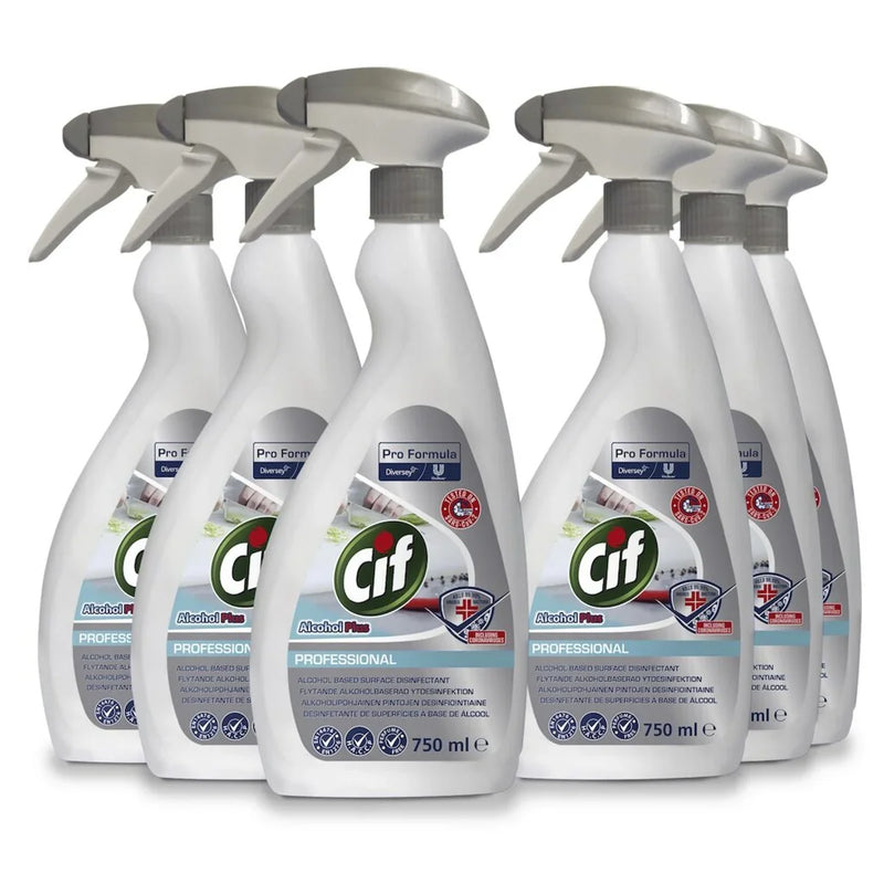 Caixa com 6 garrafas pulverizadoras de Desinfetante Hidroalcoólico Cif Profissional Alcohol Plus Spray 750ml