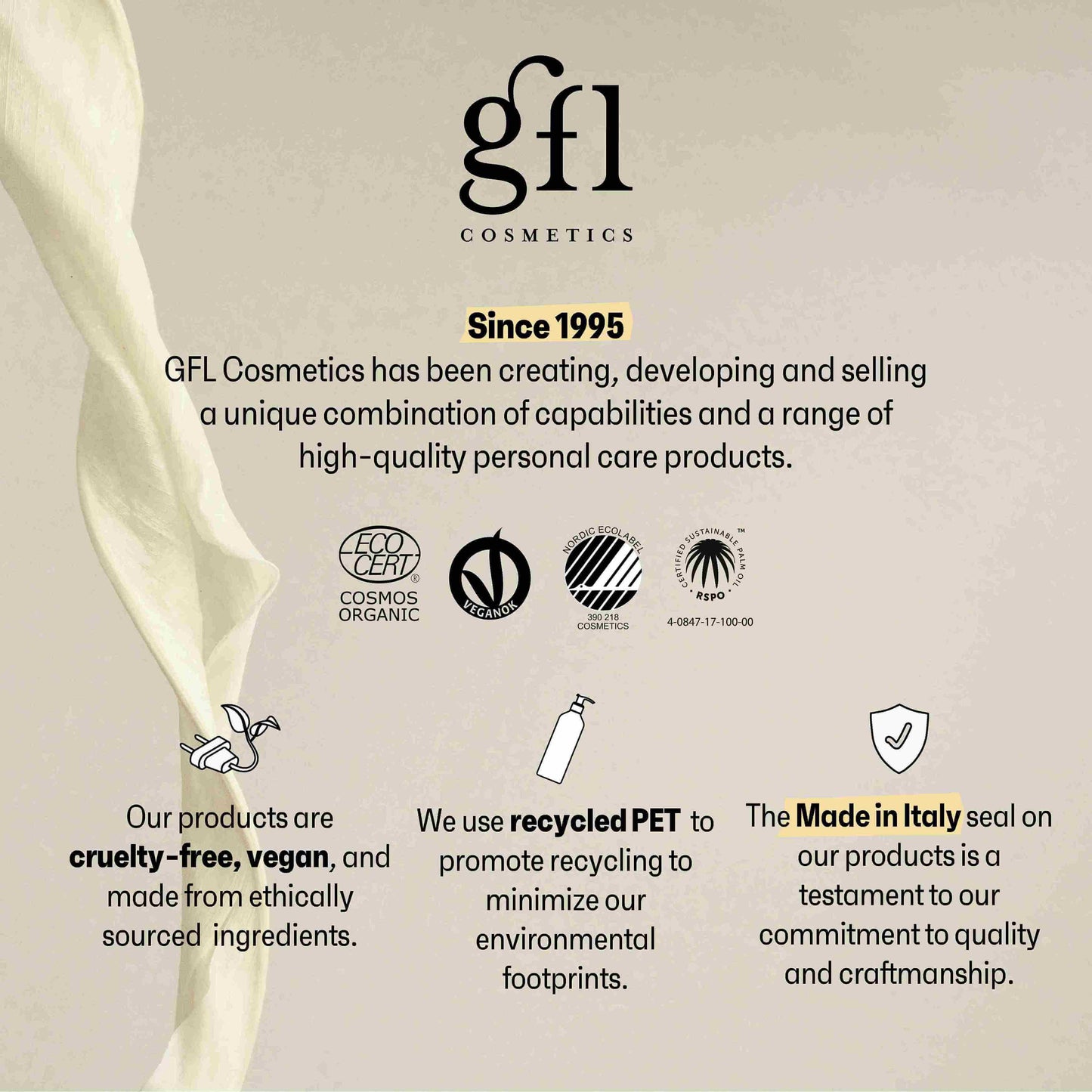 Informações sobre GFL Cosmetics, incluindo produtos cruelty-free, vegan e sustentáveis, desenvolvidos na Itália.