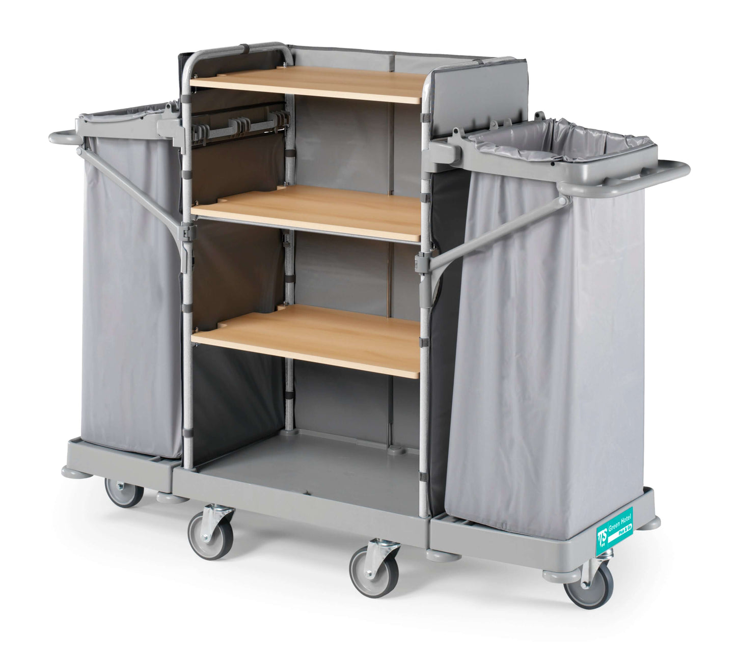 Carrinho Serviço Housekeeping TTS com prateleiras e compartimentos para coleta de lixo, ideal para hotéis e serviços de limpeza.
