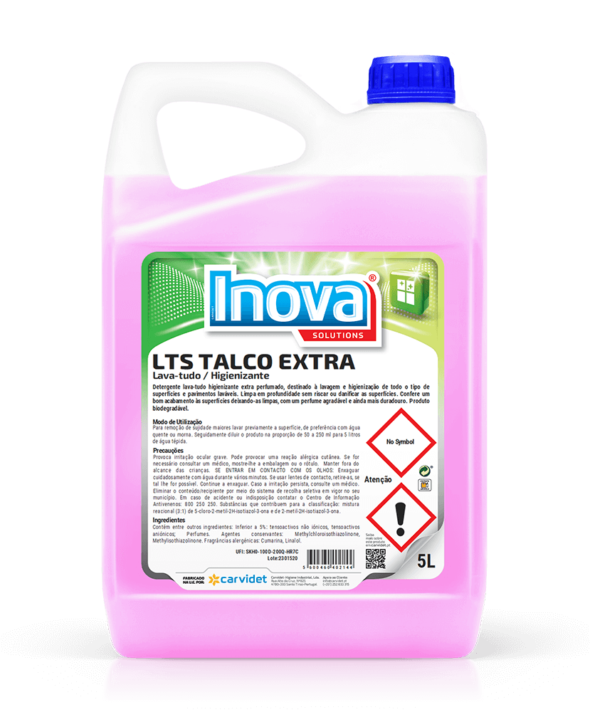 Detergente Lava Tudo Perfumado com Bioálcool 5 Litros da marca INOVA LTS EXTRA, embalagem de 5L, com aroma talco de longa duração