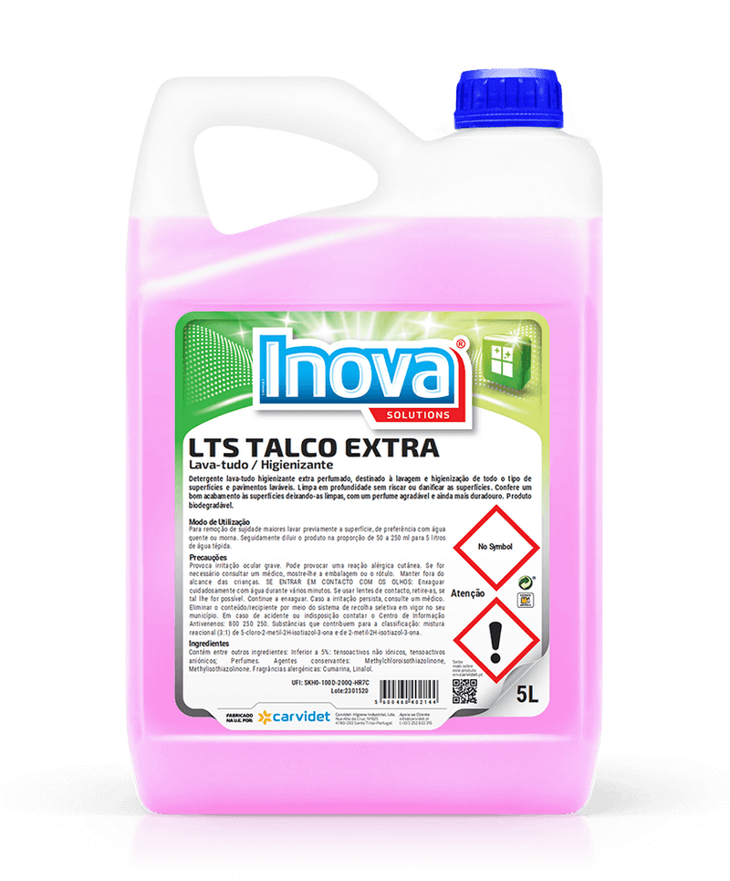 Detergente Lava Tudo Perfumado com Bioálcool 5 Litros da marca INOVA LTS EXTRA, embalagem de 5L, com aroma talco de longa duração
