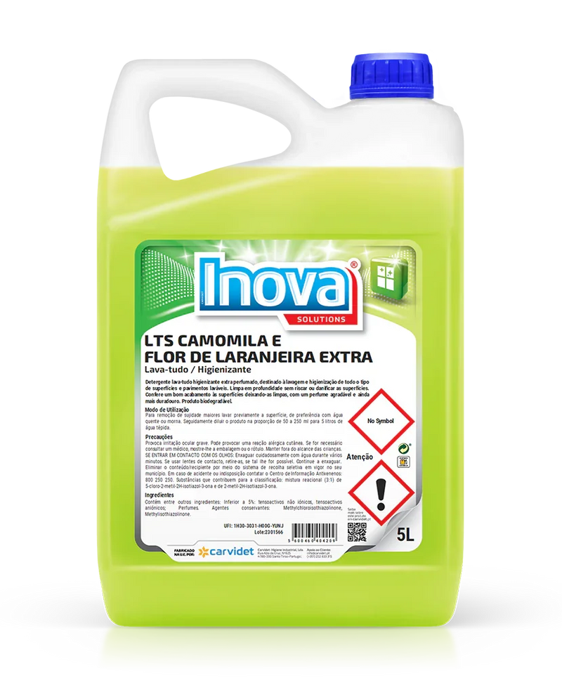 Detergente Lava Tudo Perfumado com Bioálcool 5 Litros | INOVA LTS EXTRA, embalagem de 5L, ideal para uso profissional, com aroma camomila e flor de laranjeira de longa duração