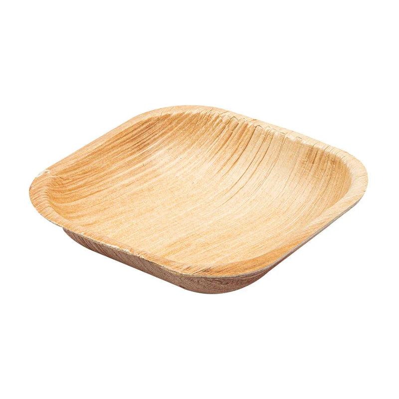Prato Pequeno Fundo Quadrado de Folha de Palmeira, ideal para serviço de mesa e catering, pack com 25 unidades.