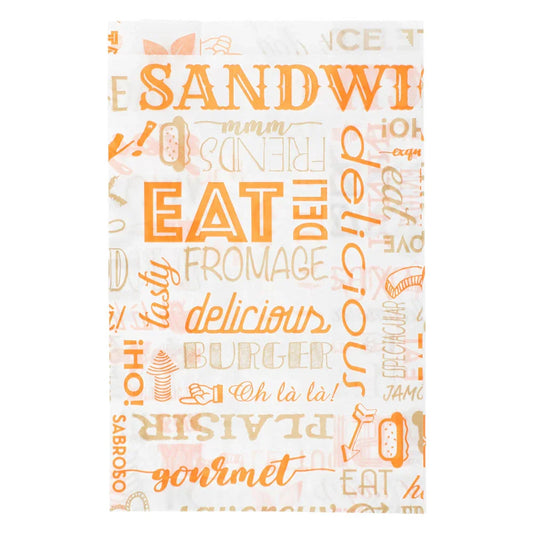 Papel Bolsa Anti-Gordura Parole 12x18 com estampas de comida como 'Sandwich' e 'Eat' em laranja.
