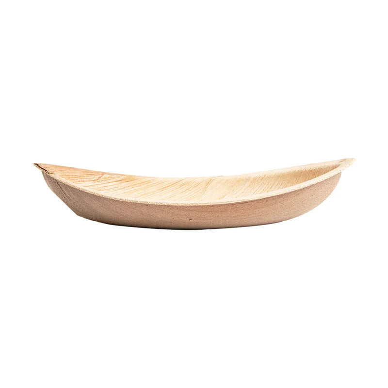 Bandeja Canoa Oval de Folha de Palmeira, descartável, ideal para catering e eventos, pack com 25 unidades.