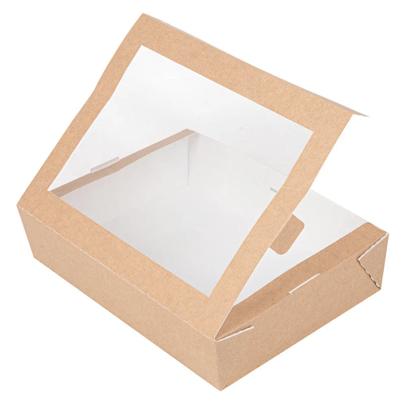Caixa de Cartão Take Away Kraft com Janela 1470ml aberta, formato prático e descartável