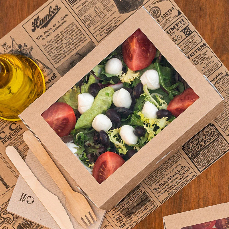 Caixa de Cartão Take Away Kraft com Janela 780ml (50un) com salada fresca e ingredientes variados