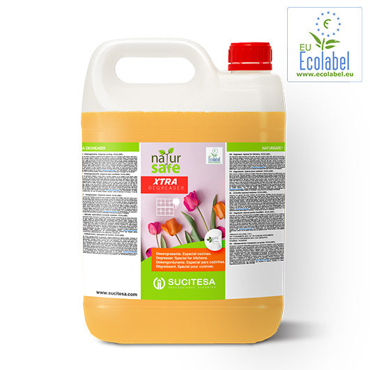Desengordurante Multiusos Ecológico 5 Litros | NATURSAFE XTRA DEGREASER em embalagem de plástico com design colorido, para uso em cozinhas profissionais