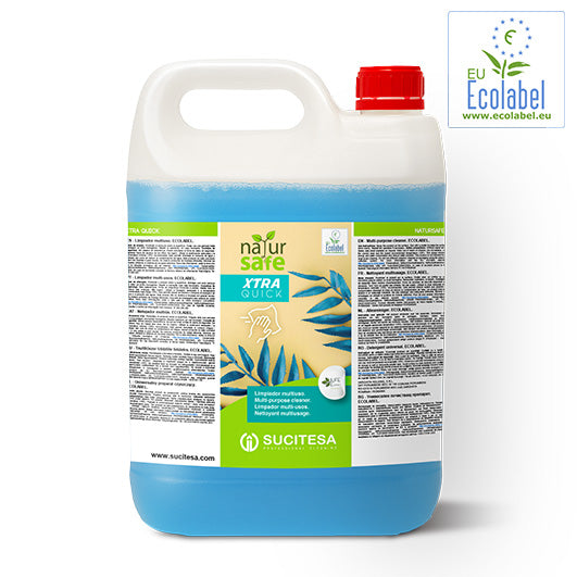 Detergente Limpa Vidros e Superfícies Ecológico 5 Litros da linha NATURSAFE, embalagem azul com rótulo de certificação ECOLABEL para uso profissional.