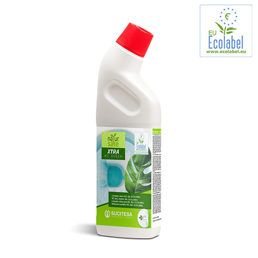 Detergente Gel Anti-Calcário Ecológico Profissional 1000ml, embalagem de detergente Natursafe Xtra WC Green com tampa vermelha.