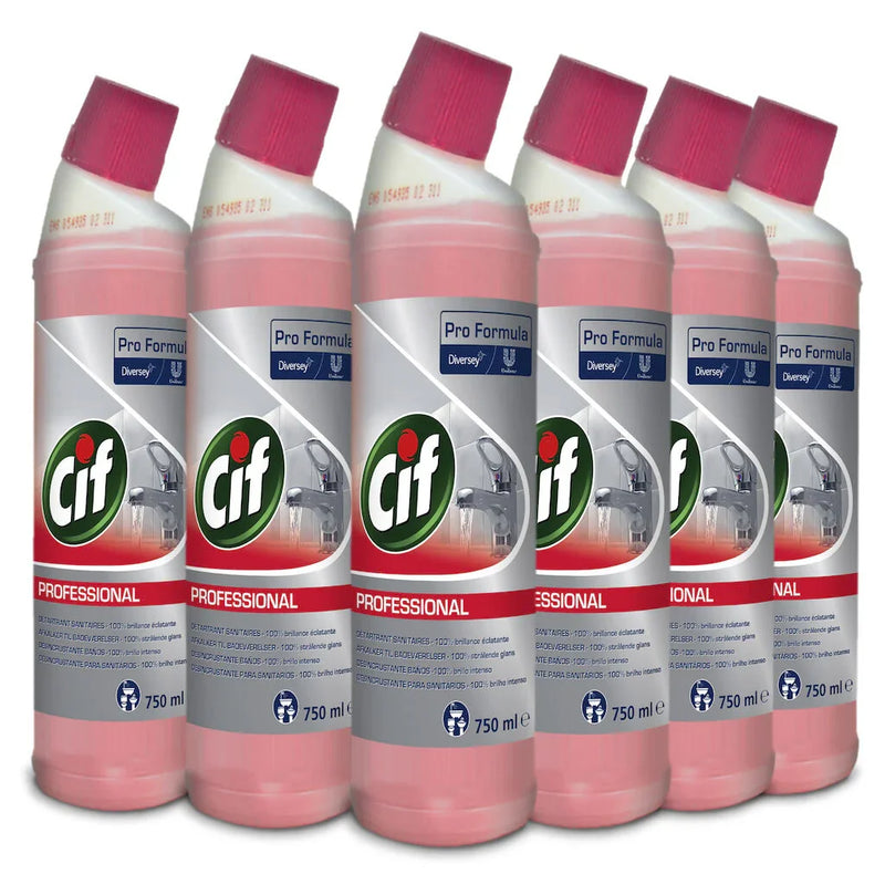 Detergente Gel Anti-Calcário CIF Profissional 750ml em embalagem de seis unidades, ideal para limpeza de superfícies sanitárias.