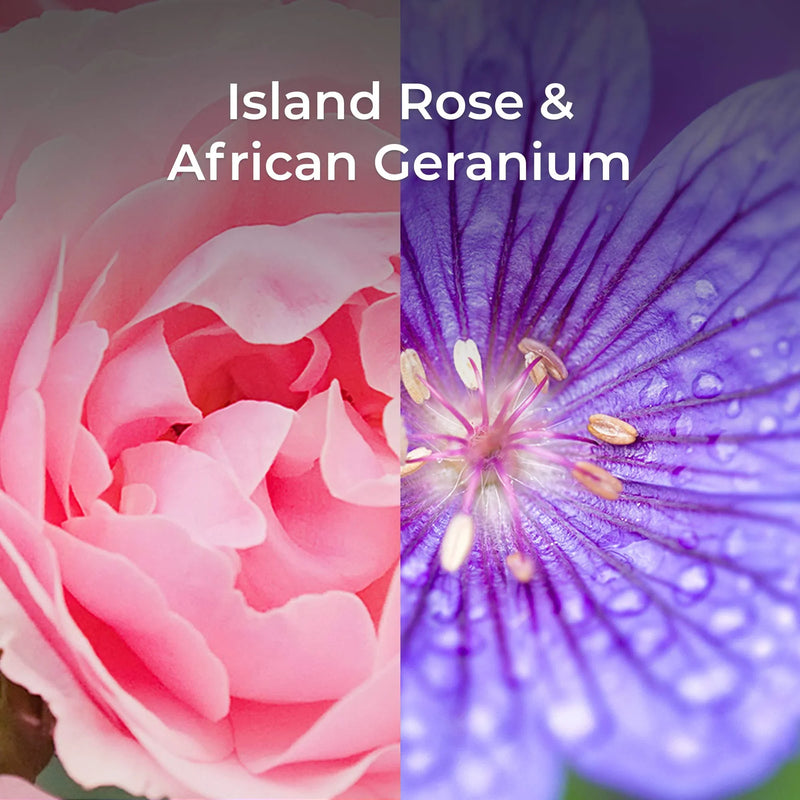Imagem de flores Island Rose e African Geranium, representando fragrâncias naturais e exóticas.