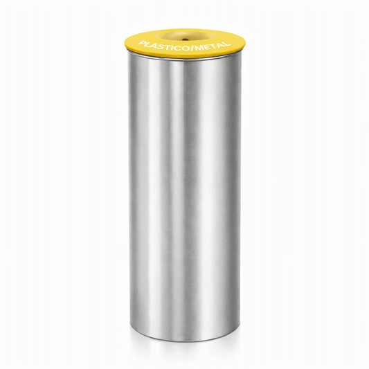 Ecoponto Inox Cilíndrico Individual com Tampa Amarela, ideal para gestão de resíduos em empresas e escritórios
