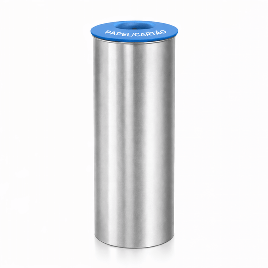 Ecoponto Inox Cilíndrico Individual com Tampa Azul para reciclagem de papel e cartão, design robusto e moderno.