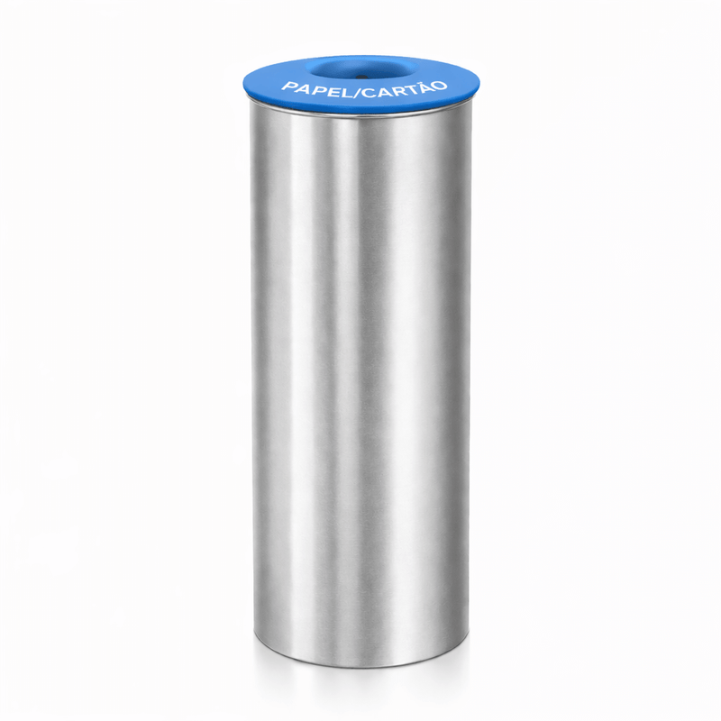 Ecoponto Inox Cilíndrico Individual com Tampa Azul para reciclagem de papel e cartão, design robusto e moderno.
