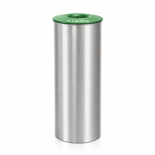 Ecoponto Inox Cilíndrico Individual com Tampa Verde, ideal para gestão de resíduos em empresas e estabelecimentos.