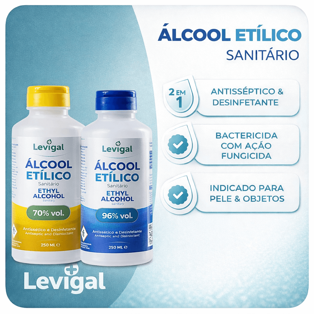 Álcool Etílico Sanitário | Levigal | 70% e 96% vol | Antisséptico e Desinfetante | 250ml | Indicado para pele e objetos