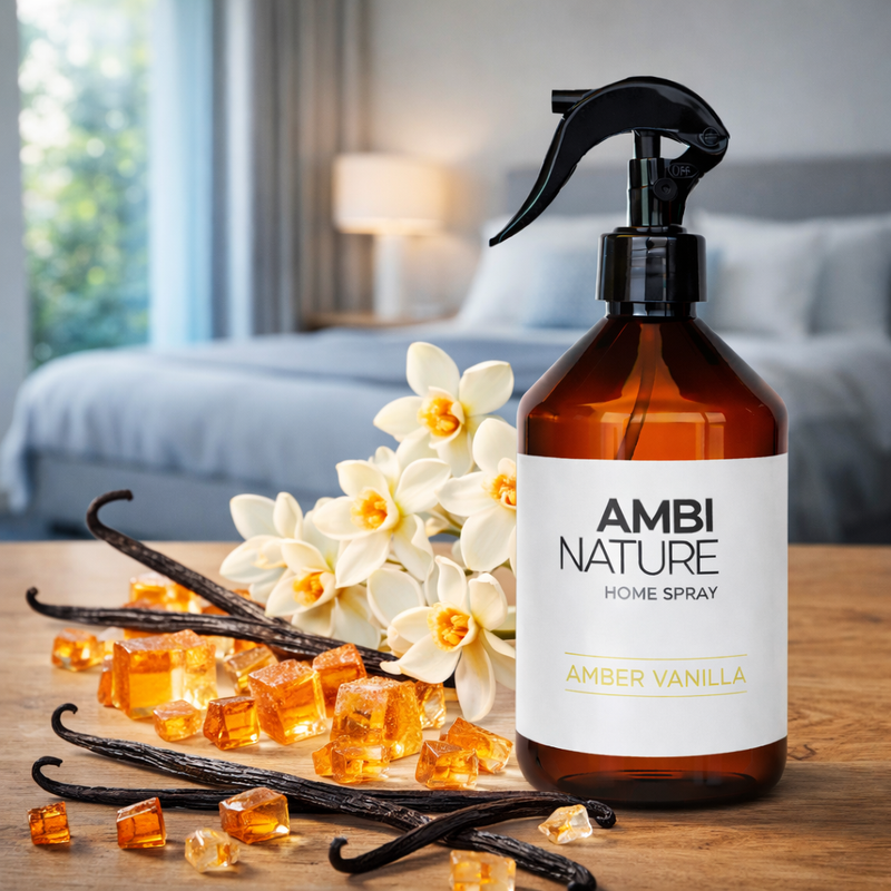 Ambientador Líquido Premium Amber Vanilla | 500ml em garrafa spray, evocando um aroma de baunilha e âmbar