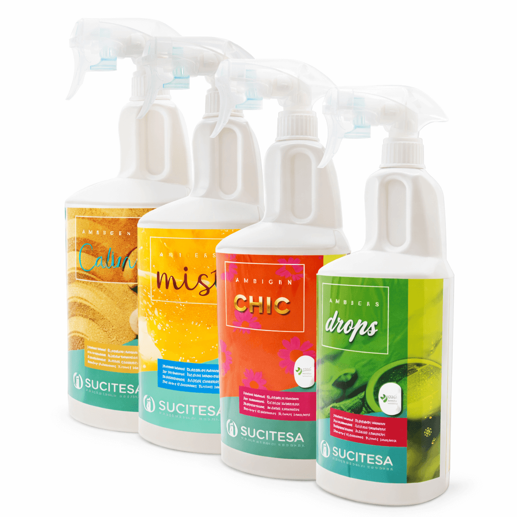 Ambientador Líquido Profissional Concentrado em Spray 750ml da SUCITESA em diversas fragrâncias como Calm, Mist, Chic e Drops.