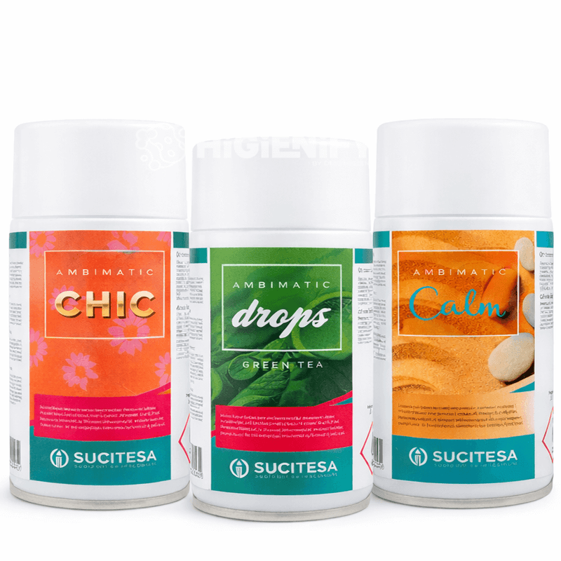 Ambientador Aerossol Recarga para Dispositivos Profissionais da Sucitesa, incluindo os aromas Chic, Drops e Calm.