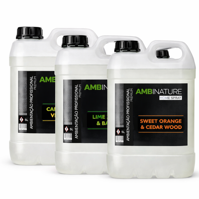 Gama de Ambientador Líquido Concentrado Premium, disponíveis em vários aromas. Formato Recarga de 5 Litros para uso profissional