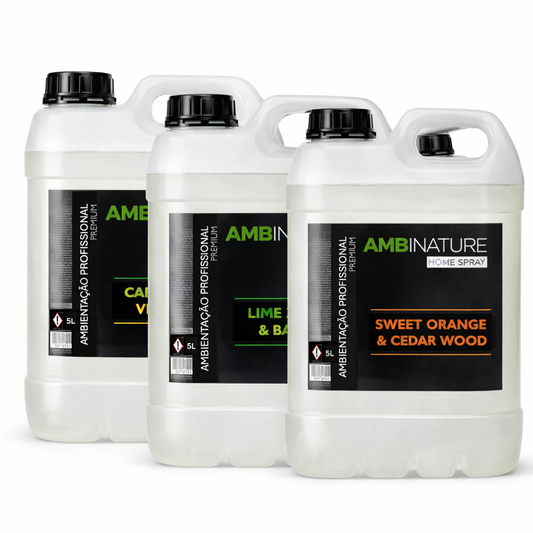 Gama de Ambientador Líquido Concentrado Premium, disponíveis em vários aromas. Formato Recarga de 5 Litros para uso profissional