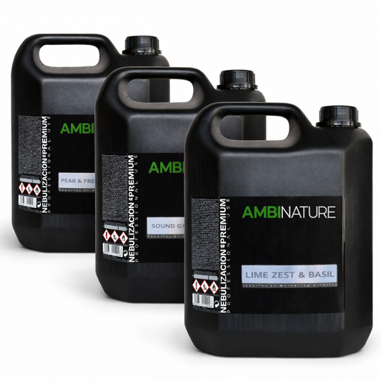 Essência Nebulizadora Ultra Concentrada da AMBINATURE, óleos essenciais, frascos de 5L com aromas variados como Lima Zest e Manjericão.