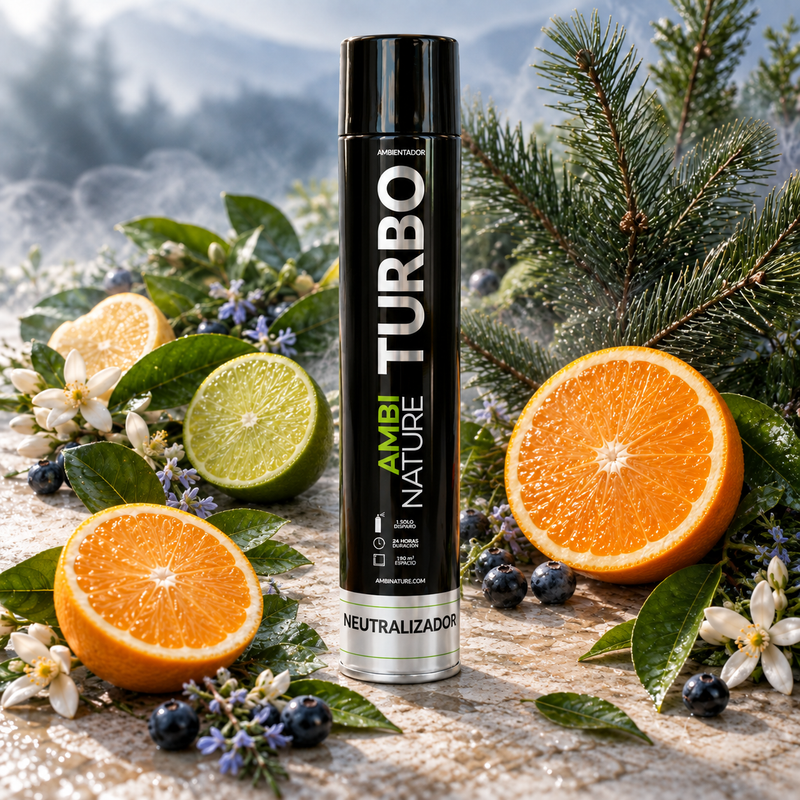 Desodorizante Spray Industrial de Grande Descarga com frutas cítricas e vegetação ao fundo.