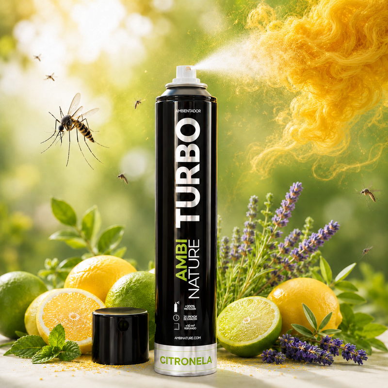 Ambientador Spray Repelente de Grande Descarga Citronela em embalagem com ingredientes naturais e insetos ao fundo.