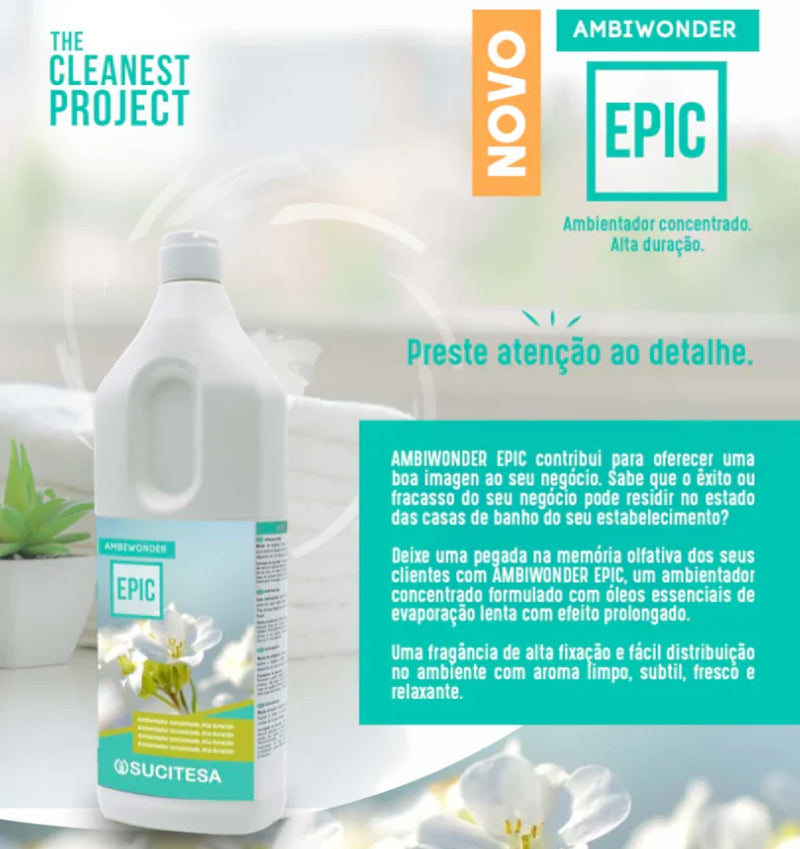 Desodorizante Ambientador Gota-a-Gota Profissional 700ml da AMBIWONDER EPIC, frasco branco, concentrado, alta durabilidade.