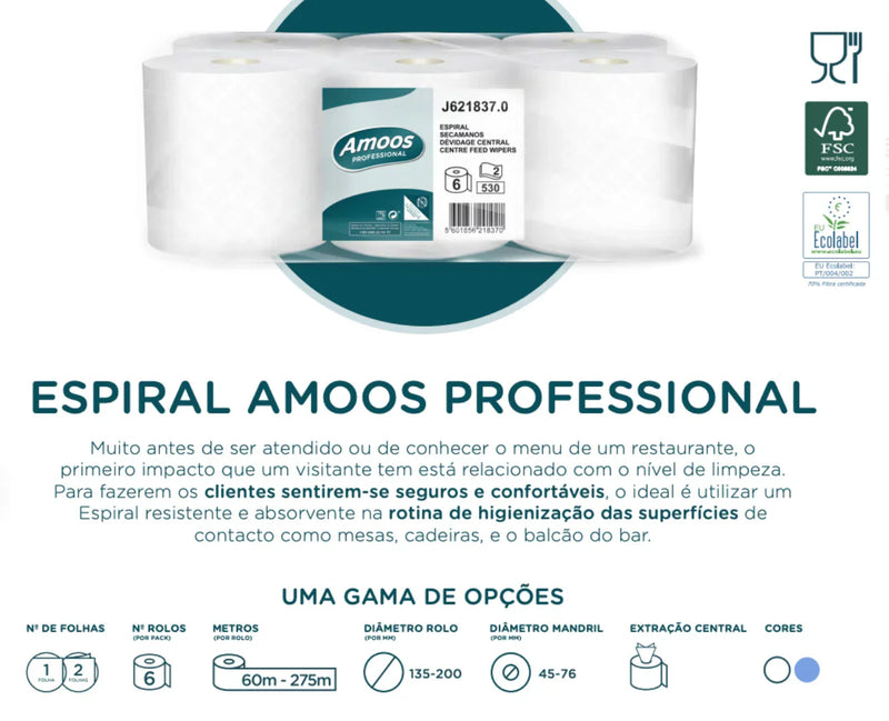 Papel Rolo Multiusos Espiral Azul Amoos 125M com 6 rolos, ideal para o mercado profissional e limpeza de superfícies.