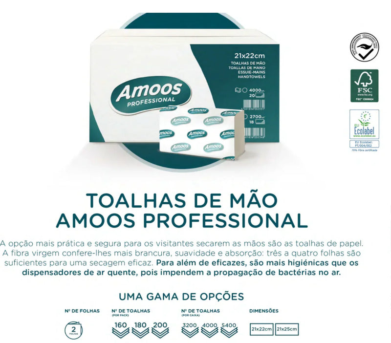 Papel Toalhas de Mãos Zig-Zag Tissue 2F Amoos | 21x22cm | Caixa com Toalhas de Mão Amoos Professional