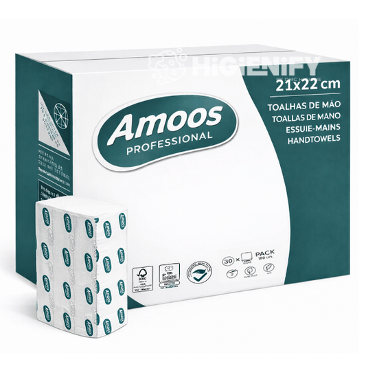 Papel Toalhas de Mãos Zig-Zag 2F Extra Amoos, caixa com 5400 folhas, 21x22cm, folhas de fibra virgem, ideal para profissionais