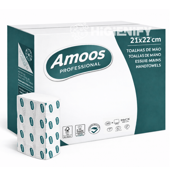 Papel Toalhas de Mãos Zig-Zag 2F Extra Amoos, caixa com 5400 folhas, 21x22cm, folhas de fibra virgem, ideal para profissionais
