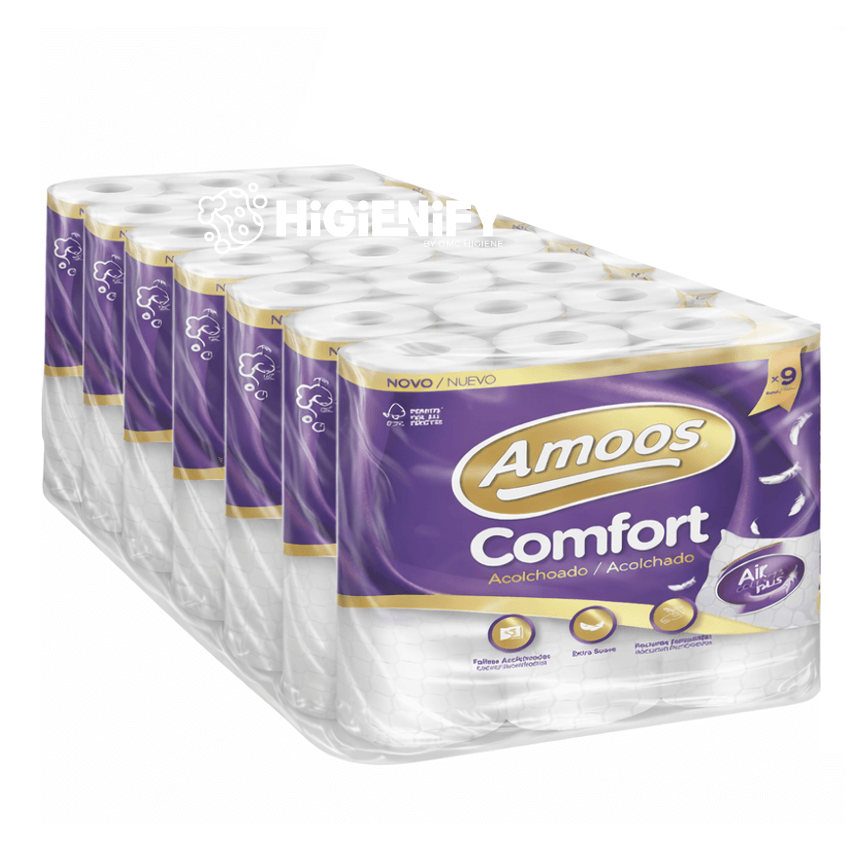 AMOOS AIR COMFORT PLUS Papel Higiénico Doméstico Acolchoado Folha Tripla Gigante Rolo 18 Metros Empresas Hotel Saco 63 Rolos Packs Luxo Hotelaria SPA 5 Estrelas