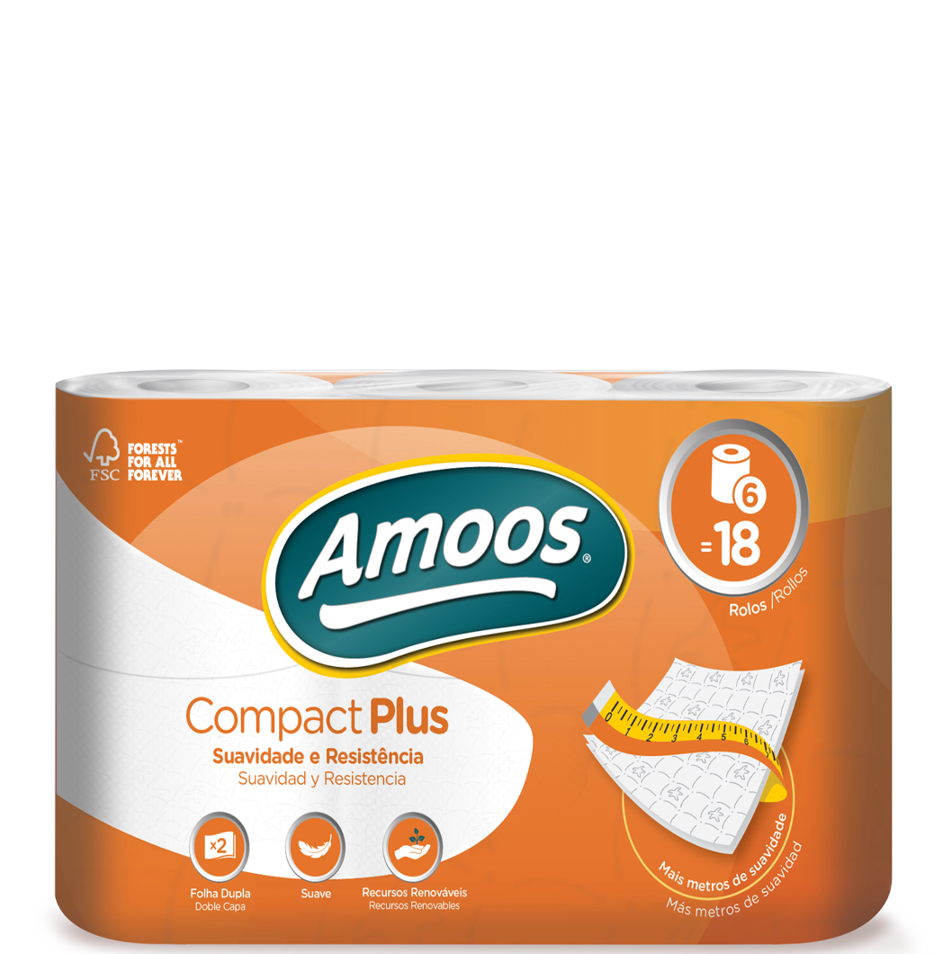 AMOOS COMPACT PLUS 6=18 Rolo Papel Higiénico Doméstico Extra Longo 48M Hotelaria Alojamento Local Empresas Pack 6 Rolos