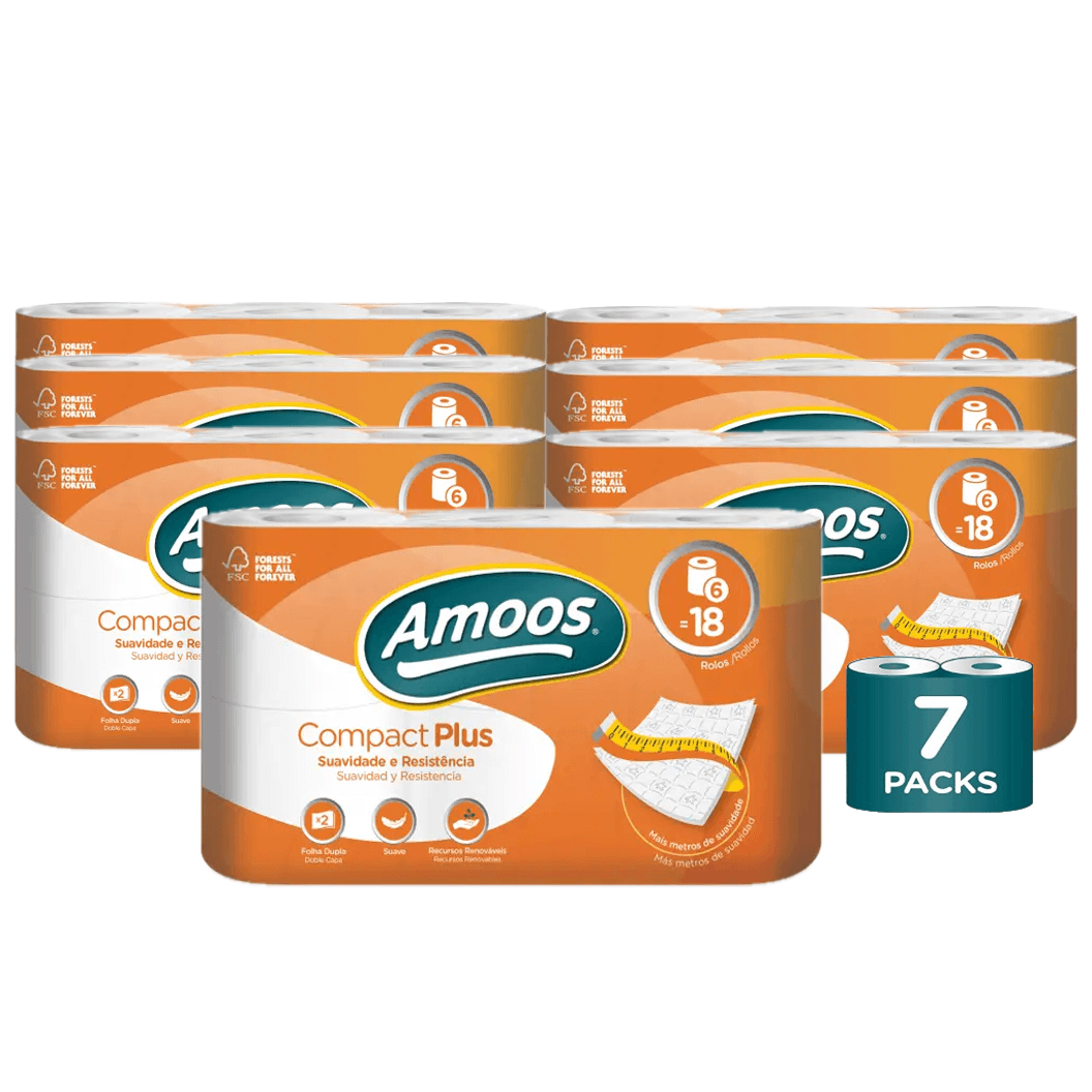 AMOOS COMPACT PLUS Papel Higiénico Doméstico Folha Dupla Gigante Rolo 48 Metros Empresas Hotel Saco 42 Rolos Packs