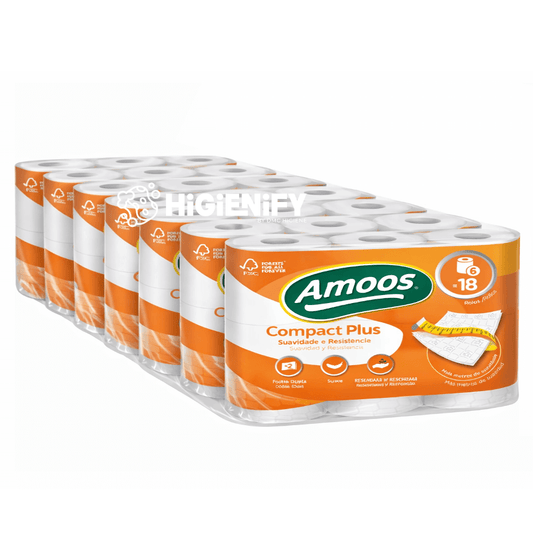AMOOS COMPACT PLUS Papel Higiénico Doméstico Folha Dupla Gigante Rolo 48 Metros Empresas Hotel Saco 42 Rolos Packs