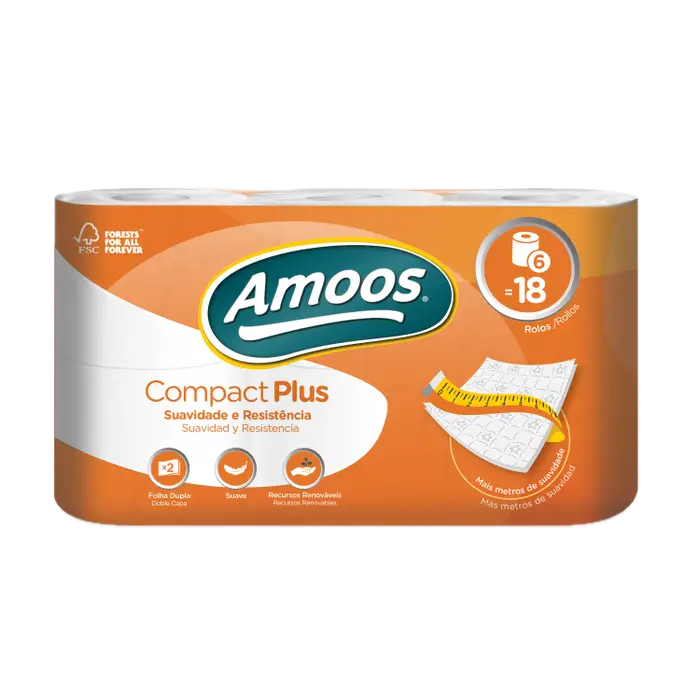 AMOOS COMPACT PLUS Papel Higiénico Doméstico Folha Dupla Gigante Rolo 48 Metros Empresas Hotel 