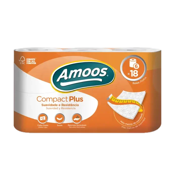 Papel Higiénico 2F Amoos Compact Plus 48 Metros com 6 rolos, embalagem destacando suavidade e resistência.