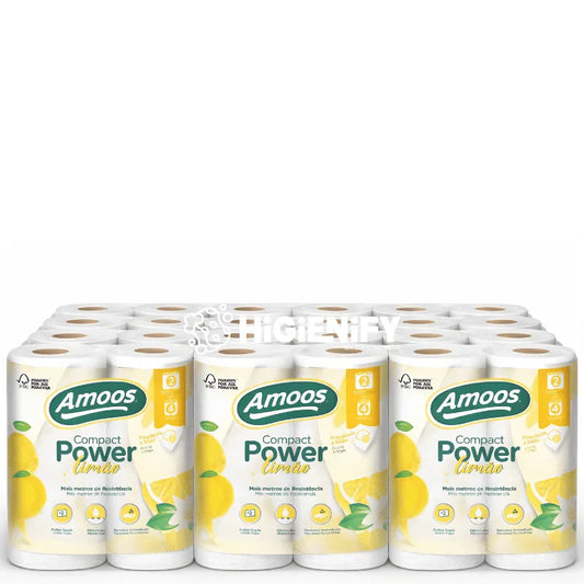 Rolo Papel de Cozinha 2F Amoos Compact Power Limão com embrulho de limão e folhas verdes, pacote de 12 packs com 4 rolos cada.