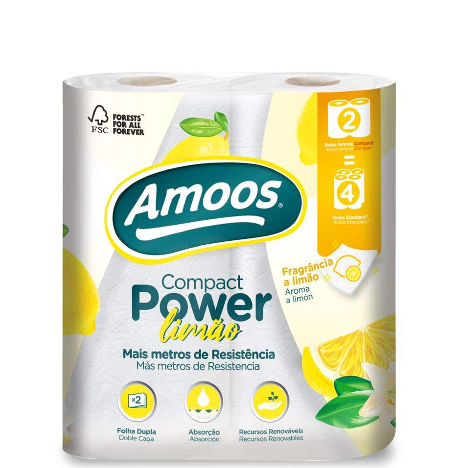 AMOOS COMPACT POWER LIMÃO Rolo Cozinha Absorvente Compacto Folha Dupla 2=4 RENOVA FOXY