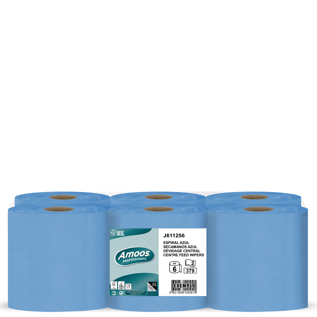 AMOOS PRO ESPIRAL BLUE Rolo Papel Multiusos Limpeza Mecha Chaminé Folha Dupla Azul 125 Metros Pack 6 Rolos