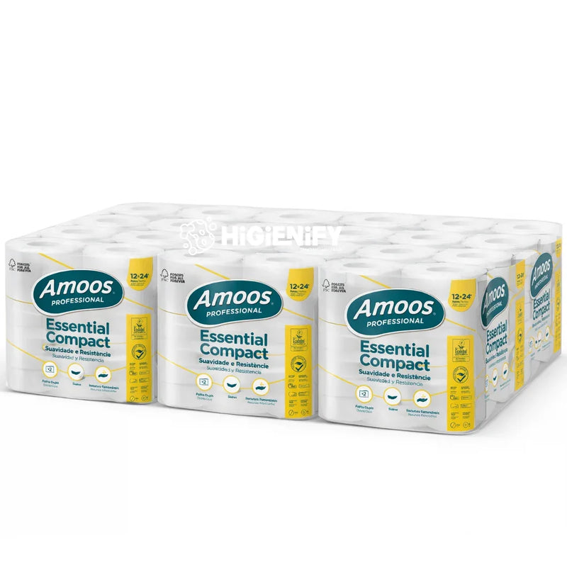 Papel Higiénico 2F Amoos Essential Compact 35 Metros em embalagem de 96 rolos, 8 pacotes de 12 rolos, perfeito para uso profissonal em hóteis e empresas