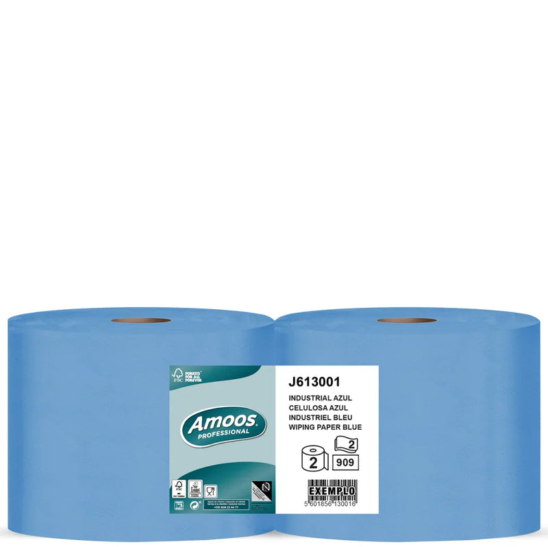 Papel Rolo Multiusos Industrial Azul Amoos 300M em pack com 2 rolos de folha dupla, ideal para uso em cozinhas profissionais com sistema HACCP