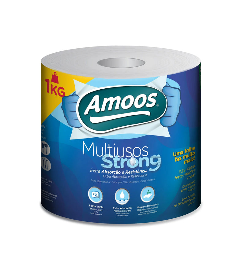 Papel Rolo Multiusos Amoos Strong 70M em embalagem colorida, extra absorvente e resistente, ideal para diversas limpezas.